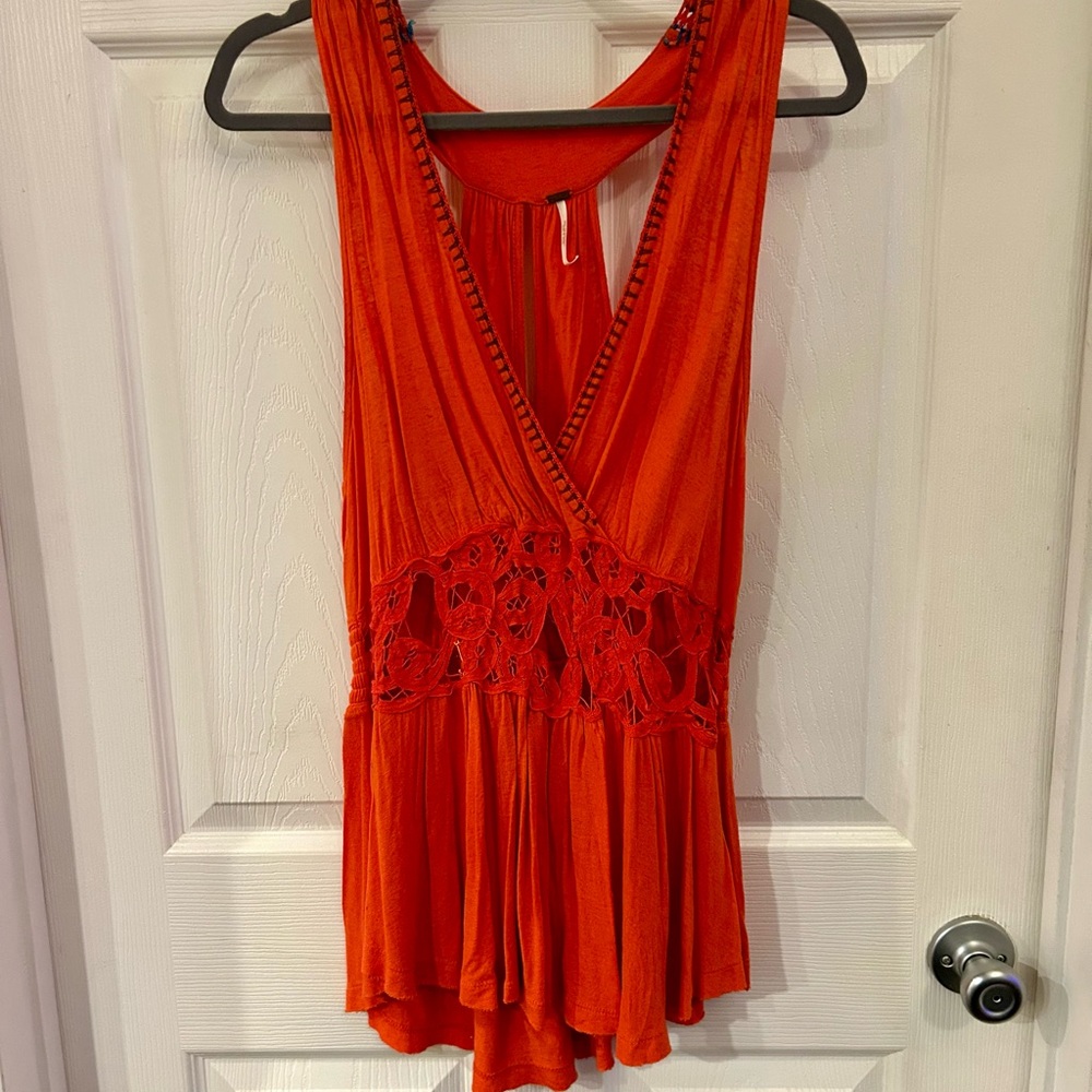 Free People Bright Orange Top with Lace Accents